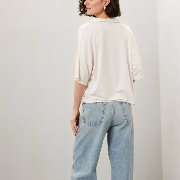 Majestic Filatures Cream Oversized Polo Top LARGE Knit Basic Soft Designer $195 - Picture 3 of 10